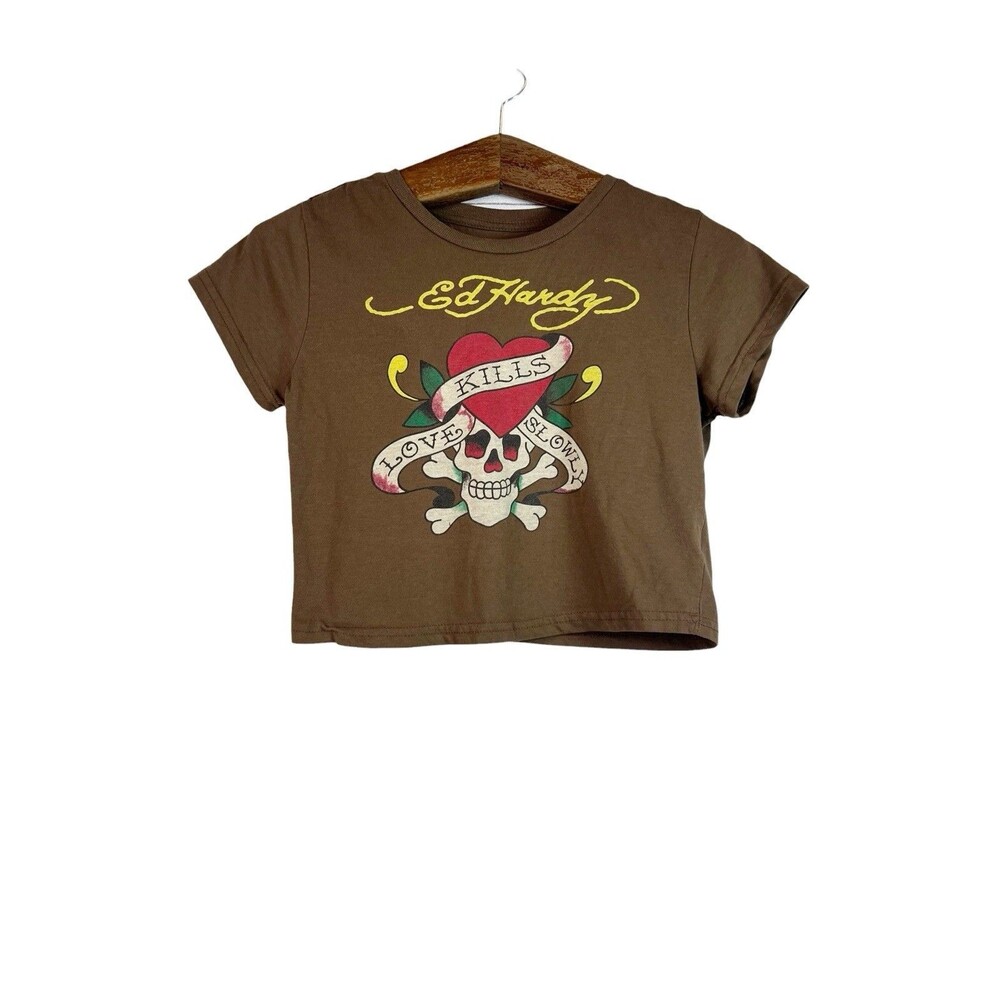 Ed Hardy Brown Love Kills Slowly Baby Tee Y2K Graphic Crop Top L RUNS SMALL READ